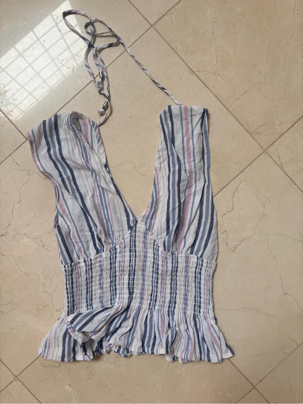 Striped Blue & Pink Smocked Vneck with back toe purchased from Nordstrom -XS